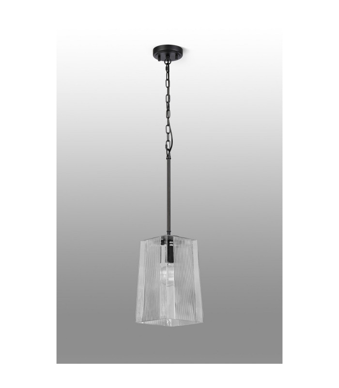 Forest 19cm Satin Black Pendant/Semi Flush/Semi Flush 1 x E27 Square Ribbed Glass (C)-11