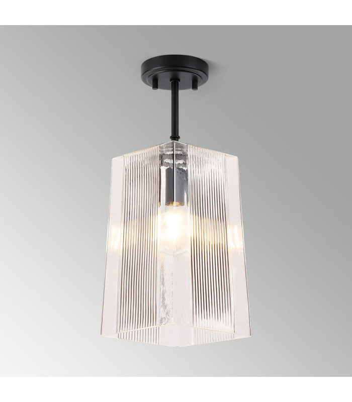 Forest 19cm Satin Black Pendant/Semi Flush/Semi Flush 1 x E27 Square Ribbed Glass (C)-12