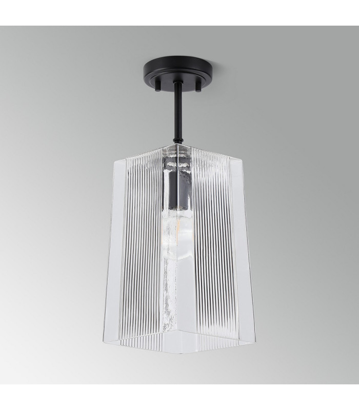 Forest 19cm Satin Black Pendant/Semi Flush/Semi Flush 1 x E27 Square Ribbed Glass (C)-13