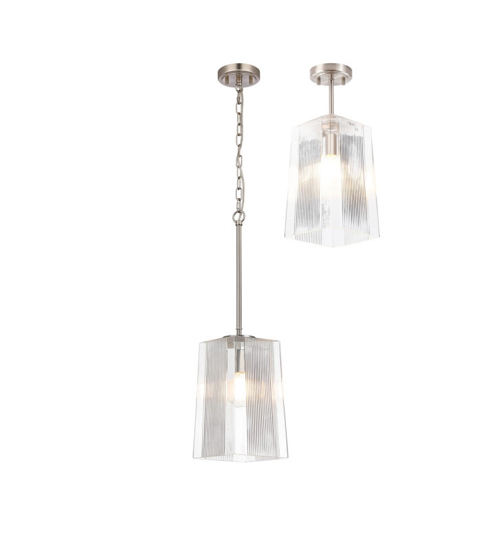 Forest Satin Nickel Pendant/Semi Flush/Semi Flush 1 x E27 Square Ribbed Glass (C)-1