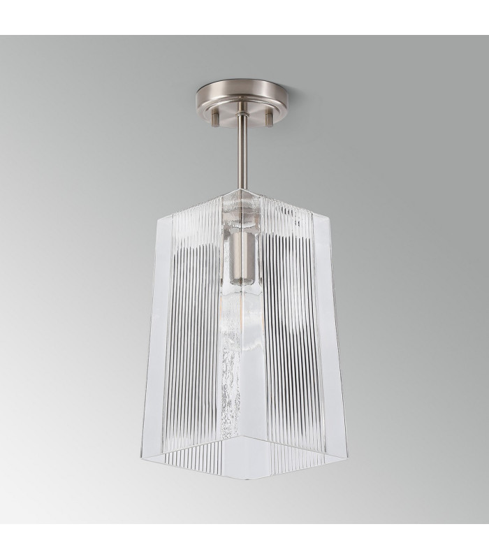 Forest Satin Nickel Pendant/Semi Flush/Semi Flush 1 x E27 Square Ribbed Glass (C)-13