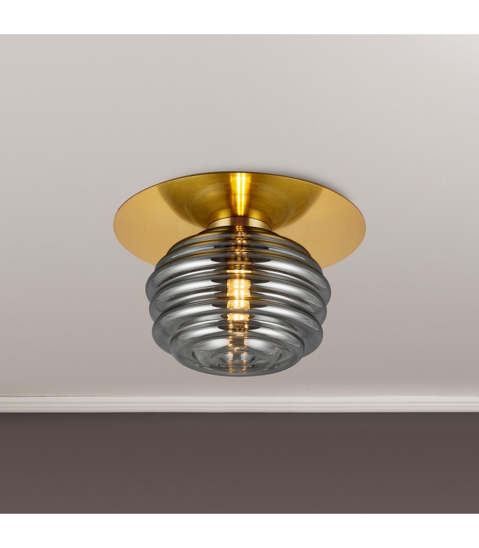 Astoria 21cm Round 1 Light Flush/Wall Light 160mm Glass Brass/Smoke-3