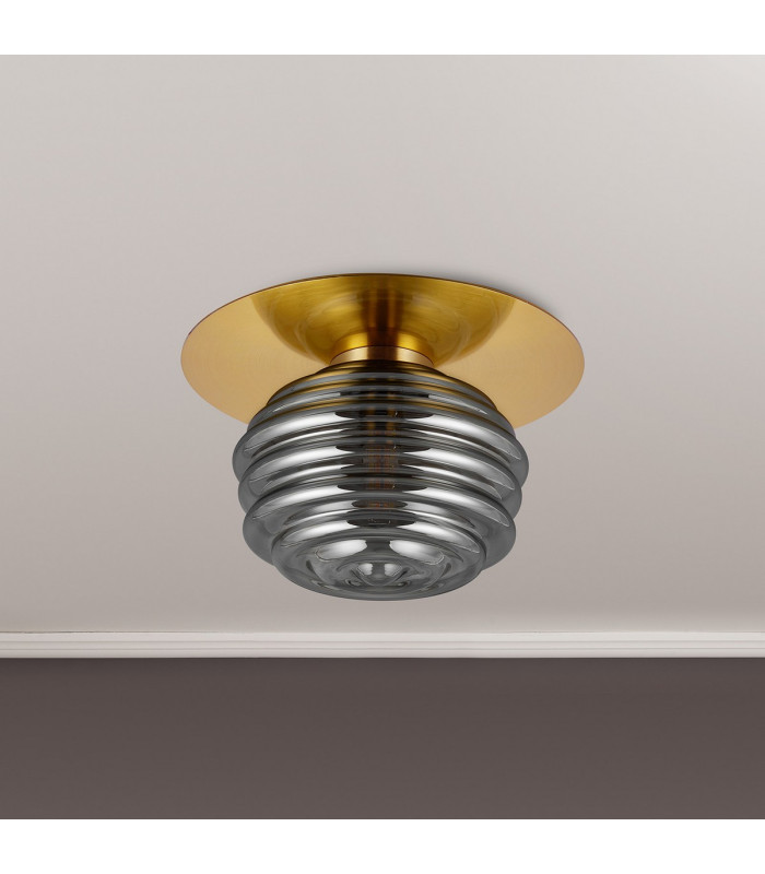Astoria 21cm Round 1 Light Flush/Wall Light 160mm Glass Brass/Smoke-8