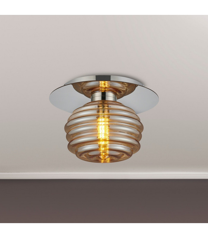 Astoria 21cm Round 1 Light Flush/Wall Light 160mm Glass Polished Nickel/Amber-3