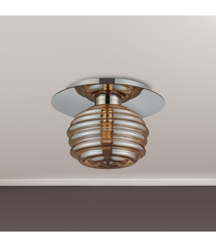 Astoria 21cm Round 1 Light Flush/Wall Light 160mm Glass Polished Nickel/Amber-7