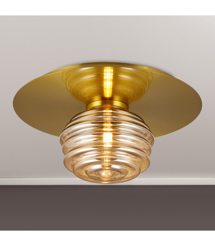 Astoria 35cm Round 1 Light Flush/Wall Light 180mm Glass Brass/Amber-3