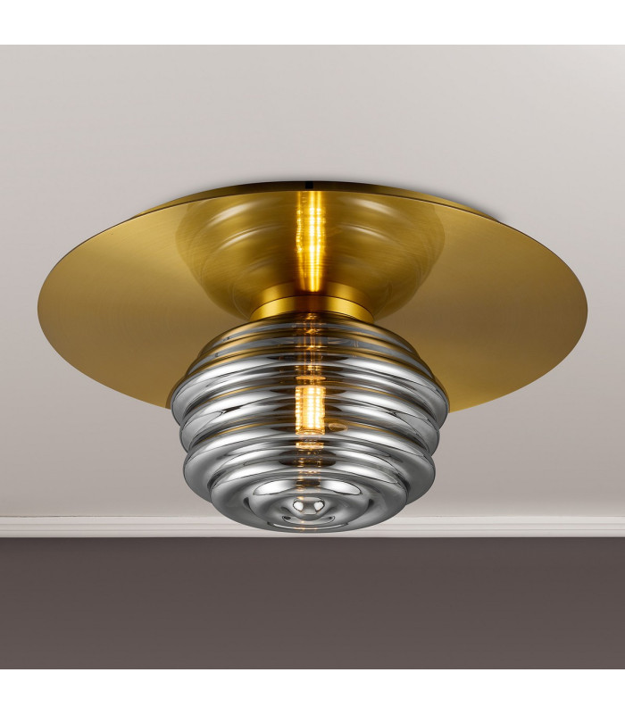 Astoria 35cm Round 1 Light Flush/Wall Light 180mm Glass Brass/Smoke-3