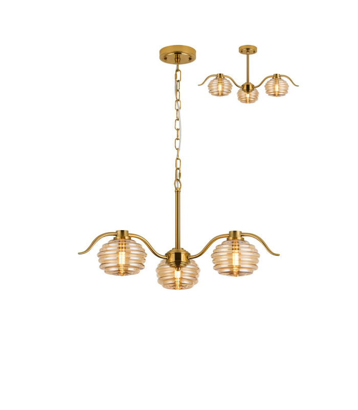 Astoria 70cm 3 Light Multi Arm Pendant/Semi Flush 160mm Glass Brass/Amber-1