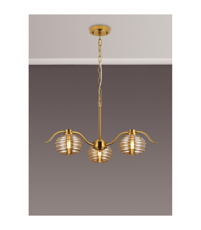 Astoria 70cm 3 Light Multi Arm Pendant/Semi Flush 160mm Glass Brass/Amber-3