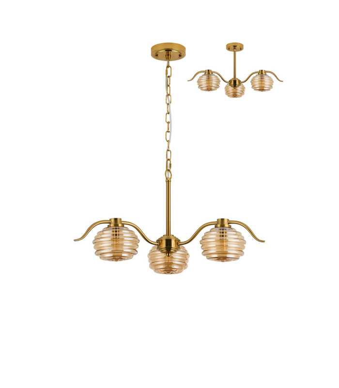 Astoria 70cm 3 Light Multi Arm Pendant/Semi Flush 160mm Glass Brass/Amber-4