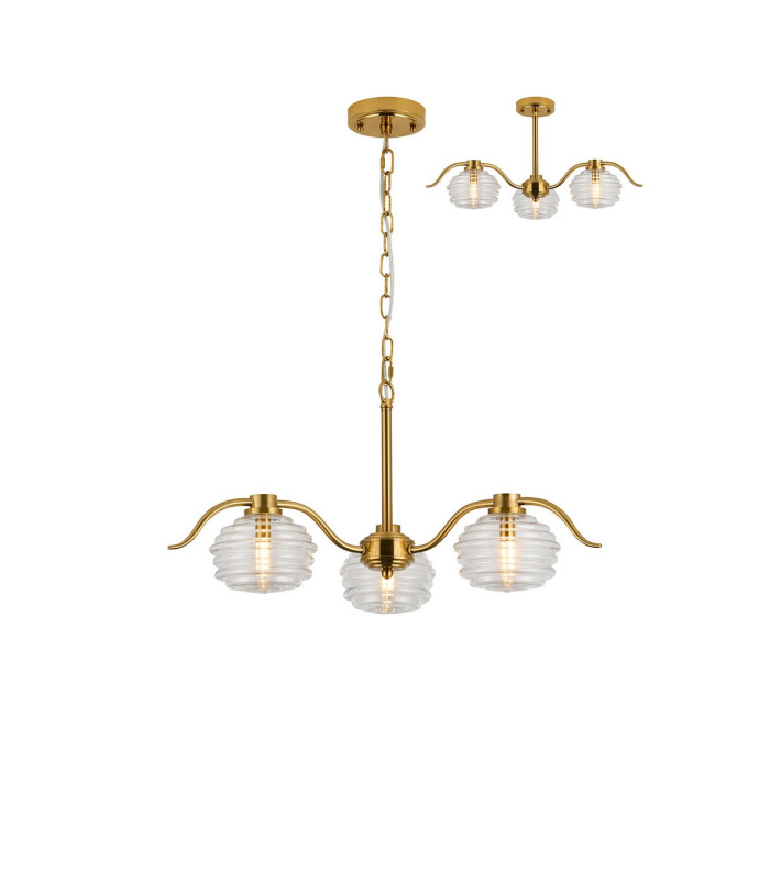 Astoria 70cm 3 Light Multi Arm Pendant/Semi Flush 160mm Glass Brass/Clear-1
