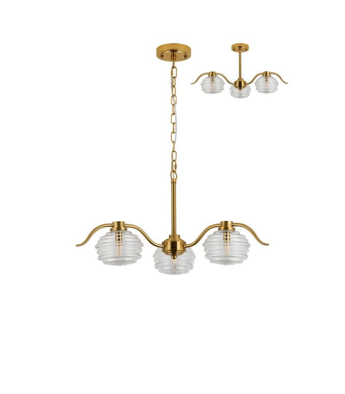 Astoria 70cm 3 Light Multi Arm Pendant/Semi Flush 160mm Glass Brass/Clear-4