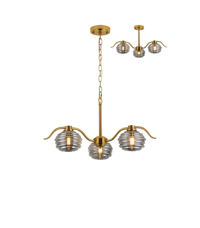 Astoria 70cm 3 Light Multi Arm Pendant/Semi Flush 160mm Glass Brass/Smoke-1