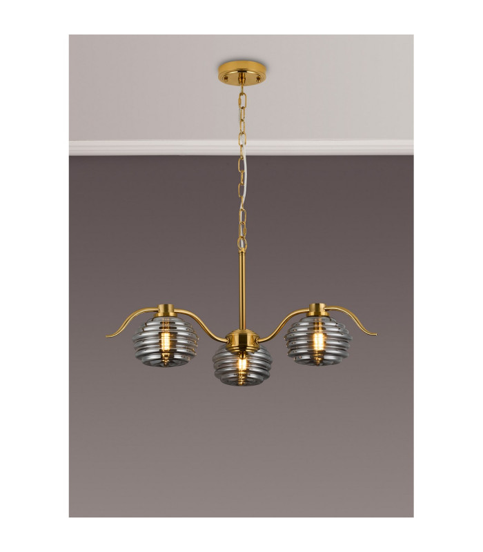 Astoria 70cm 3 Light Multi Arm Pendant/Semi Flush 160mm Glass Brass/Smoke-3