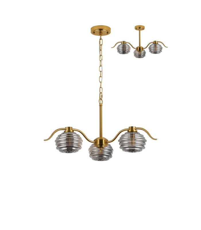 Astoria 70cm 3 Light Multi Arm Pendant/Semi Flush 160mm Glass Brass/Smoke-4