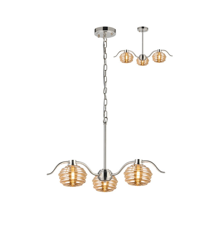 Astoria 70cm 3 Light Multi Arm Pendant/Semi Flush 160mm Glass Polished Nickel/Amber-1