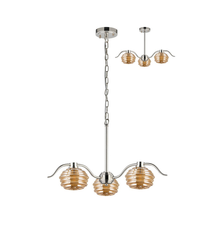 Astoria 70cm 3 Light Multi Arm Pendant/Semi Flush 160mm Glass Polished Nickel/Amber-4
