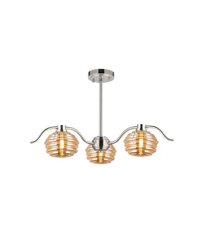Astoria 70cm 3 Light Multi Arm Pendant/Semi Flush 160mm Glass Polished Nickel/Amber-9