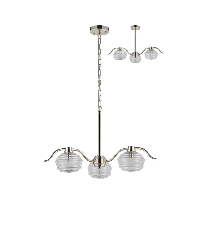 Astoria 70cm 3 Light Multi Arm Pendant/Semi Flush 160mm Glass Polished Nickel/Clear-4