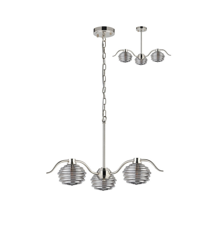 Astoria 70cm 3 Light Multi Arm Pendant/Semi Flush 160mm Glass Polished Nickel/Smoke-4