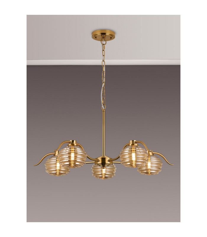Astoria 80cm 5 Light Multi Arm Pendant/Semi Flush 160mm Glass Brass/Amber-3