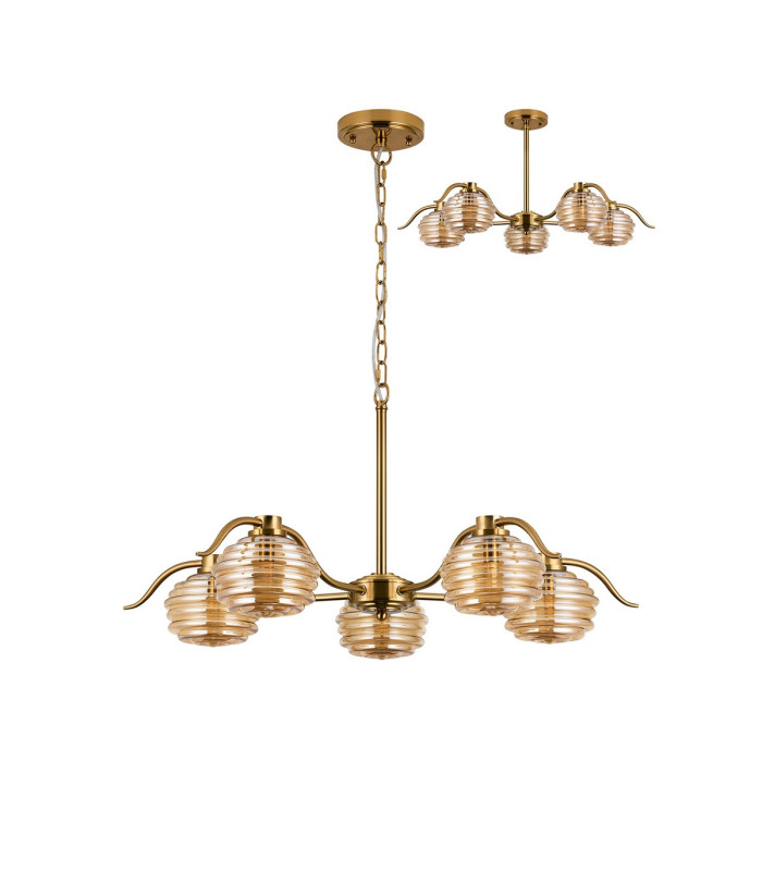 Astoria 80cm 5 Light Multi Arm Pendant/Semi Flush 160mm Glass Brass/Amber-4