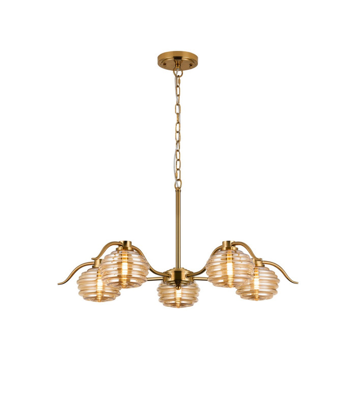 Astoria 80cm 5 Light Multi Arm Pendant/Semi Flush 160mm Glass Brass/Amber-5