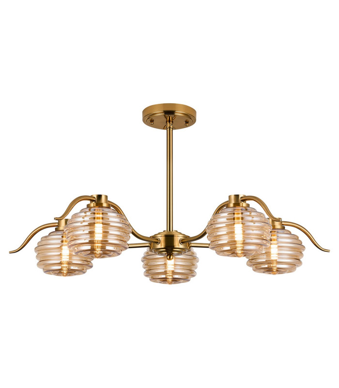 Astoria 80cm 5 Light Multi Arm Pendant/Semi Flush 160mm Glass Brass/Amber-9