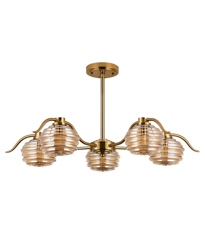 Astoria 80cm 5 Light Multi Arm Pendant/Semi Flush 160mm Glass Brass/Amber-10