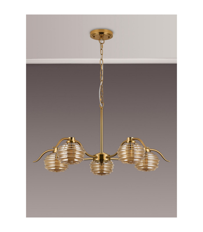 Astoria 80cm 5 Light Multi Arm Pendant/Semi Flush 160mm Glass Brass/Amber-11