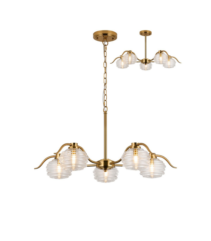 Astoria 80cm 5 Light Multi Arm Pendant/Semi Flush 160mm Glass Brass/Clear-1