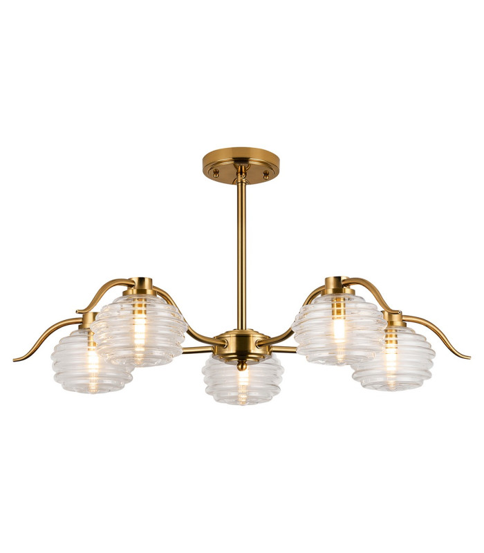 Astoria 80cm 5 Light Multi Arm Pendant/Semi Flush 160mm Glass Brass/Clear-9