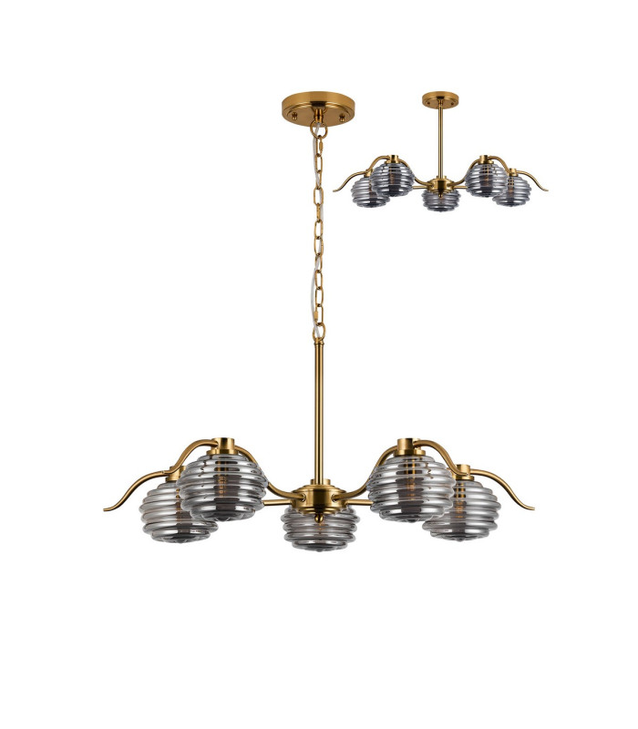 Astoria 80cm 5 Light Multi Arm Pendant/Semi Flush 160mm Glass Brass/Smoke-4