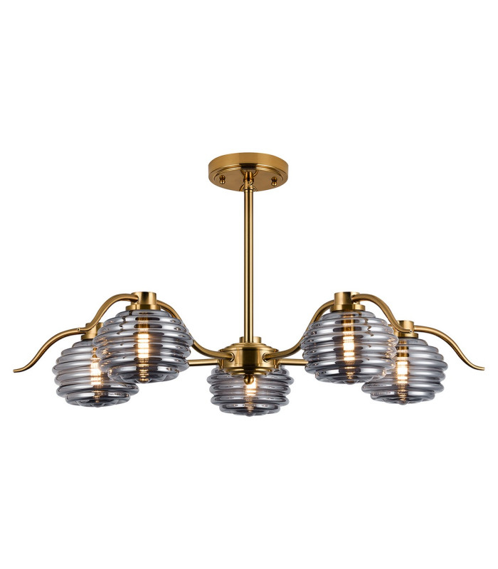 Astoria 80cm 5 Light Multi Arm Pendant/Semi Flush 160mm Glass Brass/Smoke-9