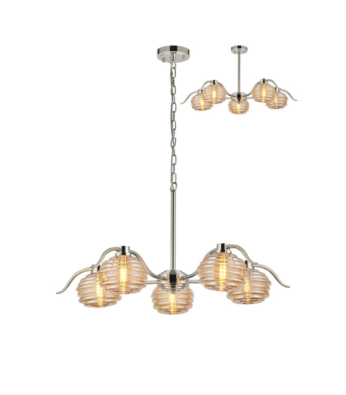 Astoria 80cm 5 Light Multi Arm Pendant/Semi Flush 160mm Glass Polished Nickel/Amber-1