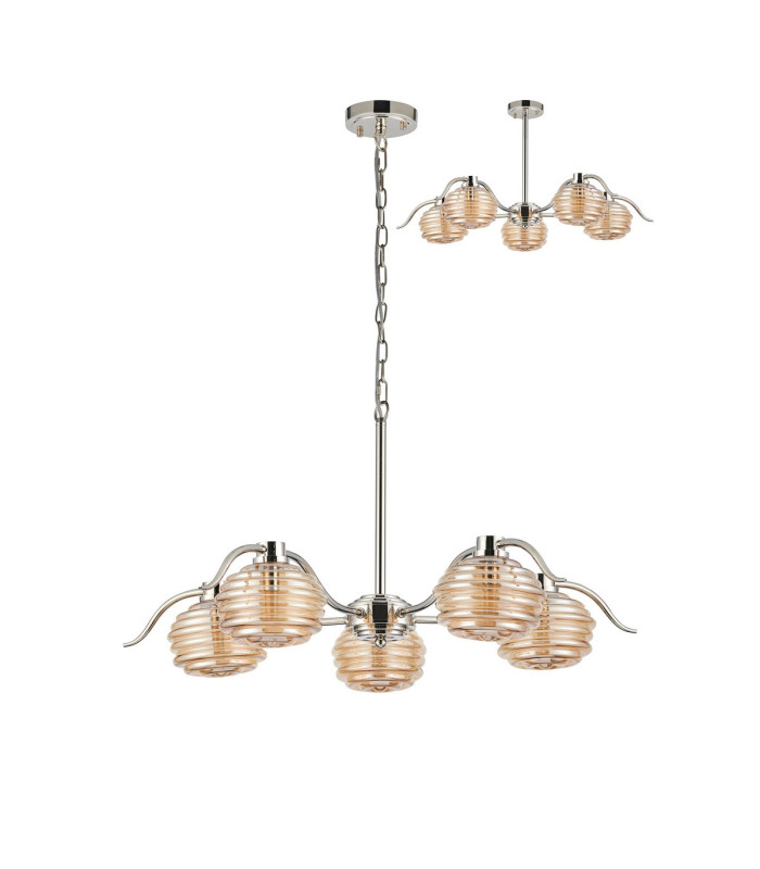 Astoria 80cm 5 Light Multi Arm Pendant/Semi Flush 160mm Glass Polished Nickel/Amber-4