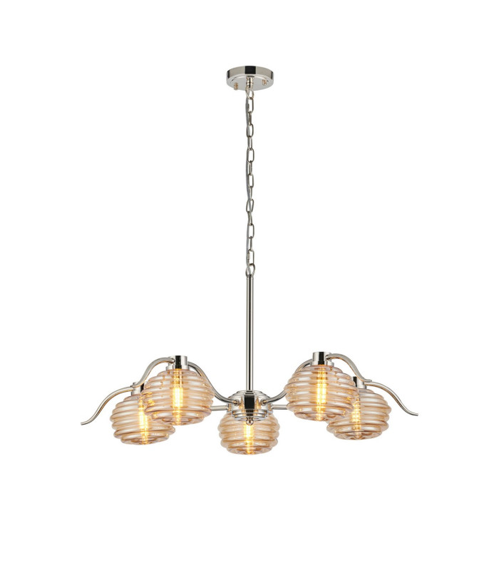 Astoria 80cm 5 Light Multi Arm Pendant/Semi Flush 160mm Glass Polished Nickel/Amber-5
