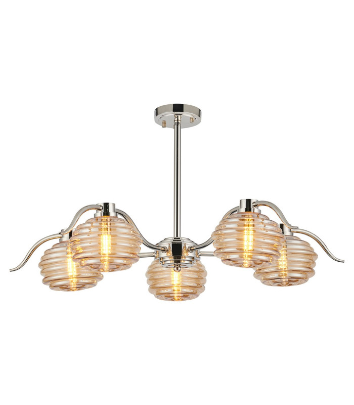 Astoria 80cm 5 Light Multi Arm Pendant/Semi Flush 160mm Glass Polished Nickel/Amber-9