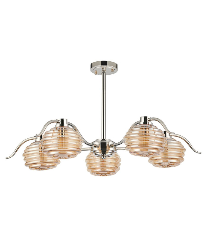 Astoria 80cm 5 Light Multi Arm Pendant/Semi Flush 160mm Glass Polished Nickel/Amber-10