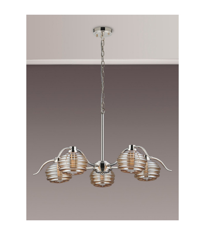 Astoria 80cm 5 Light Multi Arm Pendant/Semi Flush 160mm Glass Polished Nickel/Amber-11