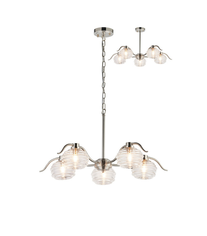 Astoria 80cm 5 Light Multi Arm Pendant/Semi Flush 160mm Glass Polished Nickel/Clear-1