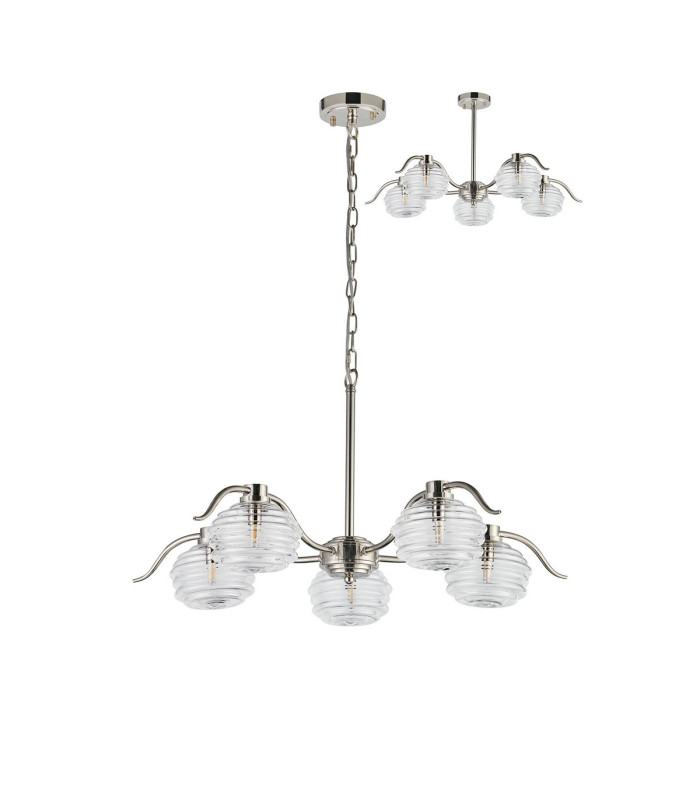 Astoria 80cm 5 Light Multi Arm Pendant/Semi Flush 160mm Glass Polished Nickel/Clear-4