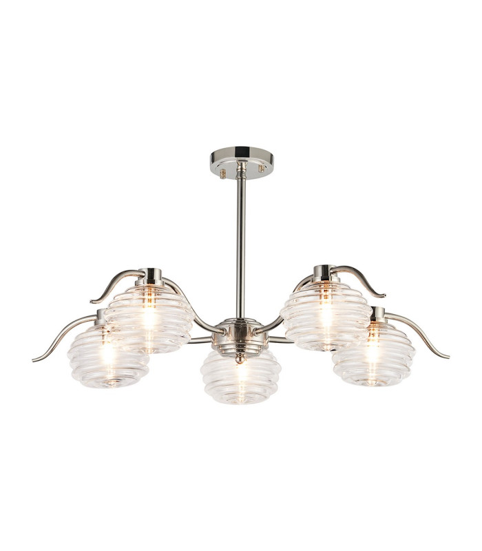 Astoria 80cm 5 Light Multi Arm Pendant/Semi Flush 160mm Glass Polished Nickel/Clear-9