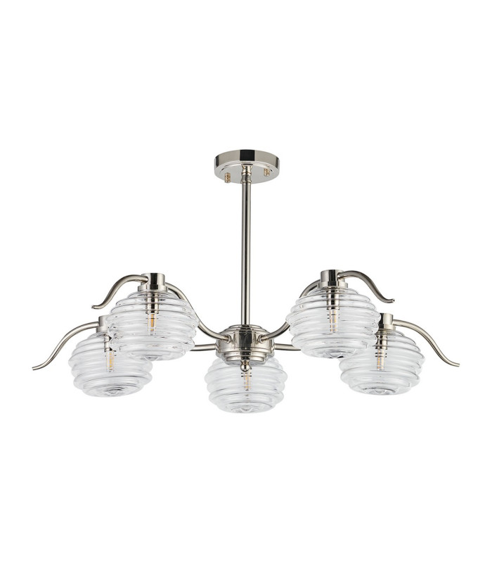 Astoria 80cm 5 Light Multi Arm Pendant/Semi Flush 160mm Glass Polished Nickel/Clear-10