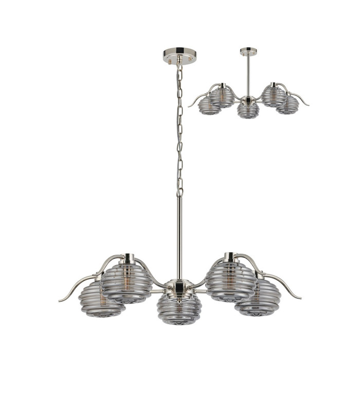 Astoria 80cm 5 Light Multi Arm Pendant/Semi Flush 160mm Glass Polished Nickel/Smoke-4