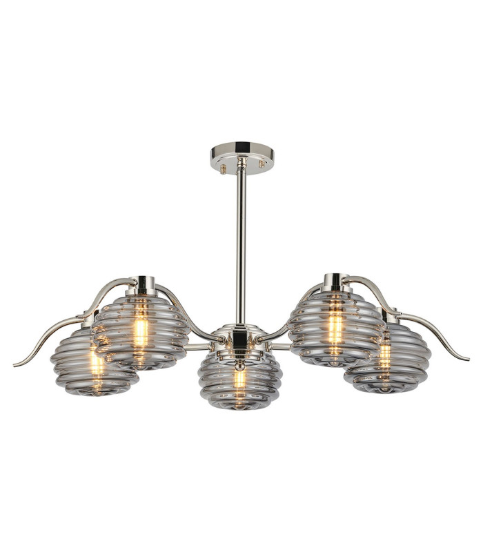 Astoria 80cm 5 Light Multi Arm Pendant/Semi Flush 160mm Glass Polished Nickel/Smoke-9