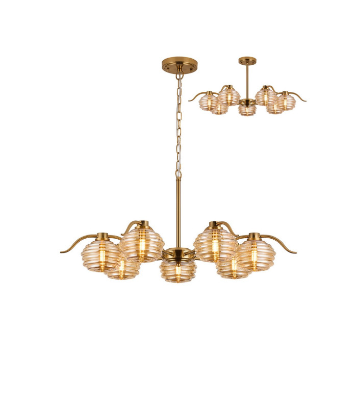 Astoria 86cm 7 Light Multi Arm Pendant/Semi Flush 160mm Glass Brass/Amber-1