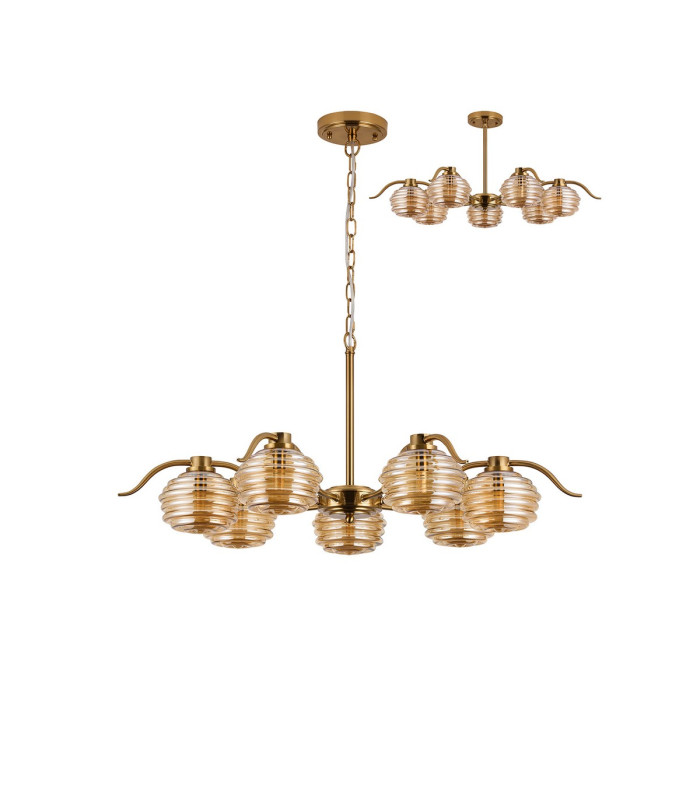 Astoria 86cm 7 Light Multi Arm Pendant/Semi Flush 160mm Glass Brass/Amber-4