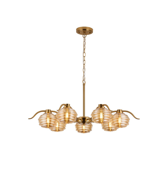Astoria 86cm 7 Light Multi Arm Pendant/Semi Flush 160mm Glass Brass/Amber-5