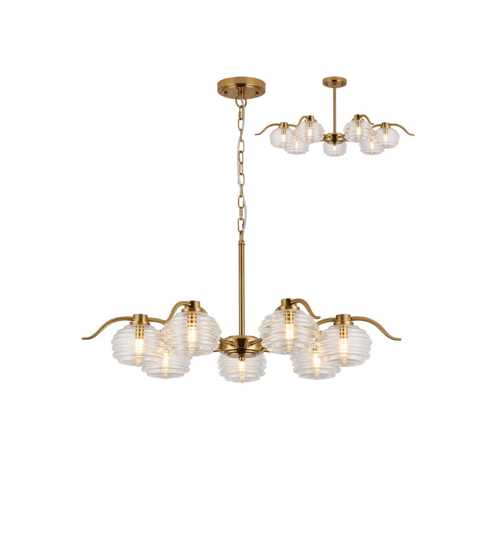 Astoria 86cm 7 Light Multi Arm Pendant/Semi Flush 160mm Glass Brass/Clear-1